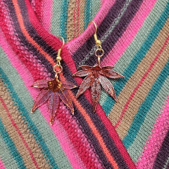 Bronze Tone Leaf Earrings Natures Jewelry Japanese Maple Dangle Fish Hook Unique - Picture 2 of 8